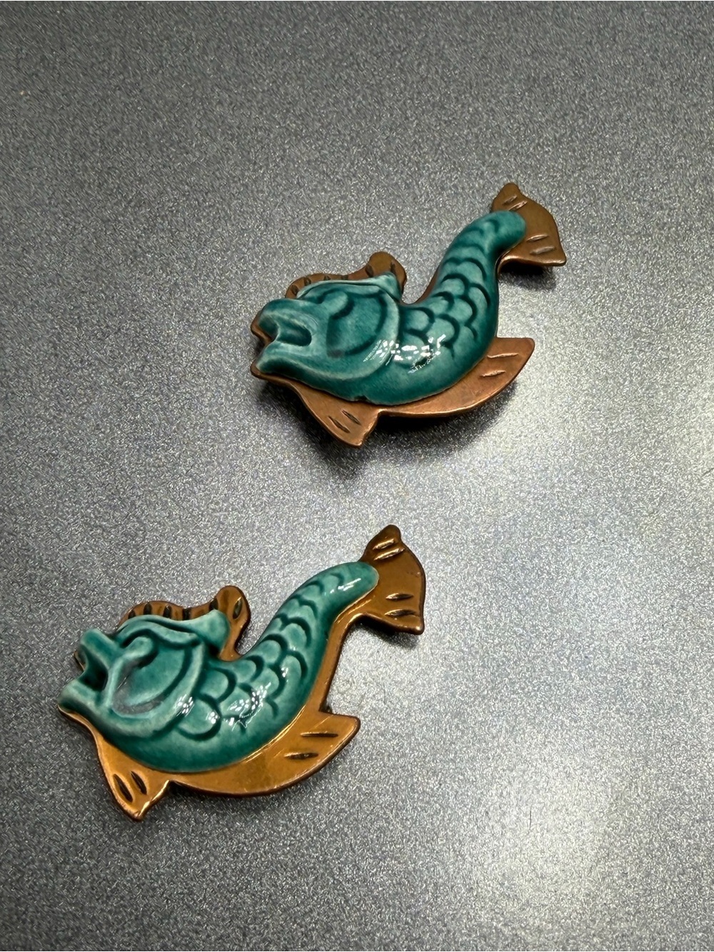 Vintage Elzac Artistic Copper and Ceramic Fish Brooches #39SB